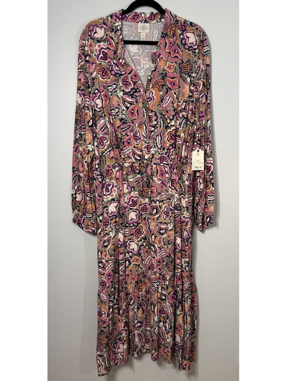 NWTS St Johns Bay Artsy Multicolor Boho Chic Long Sleeve Tie Waist Maxi Dress 2X
